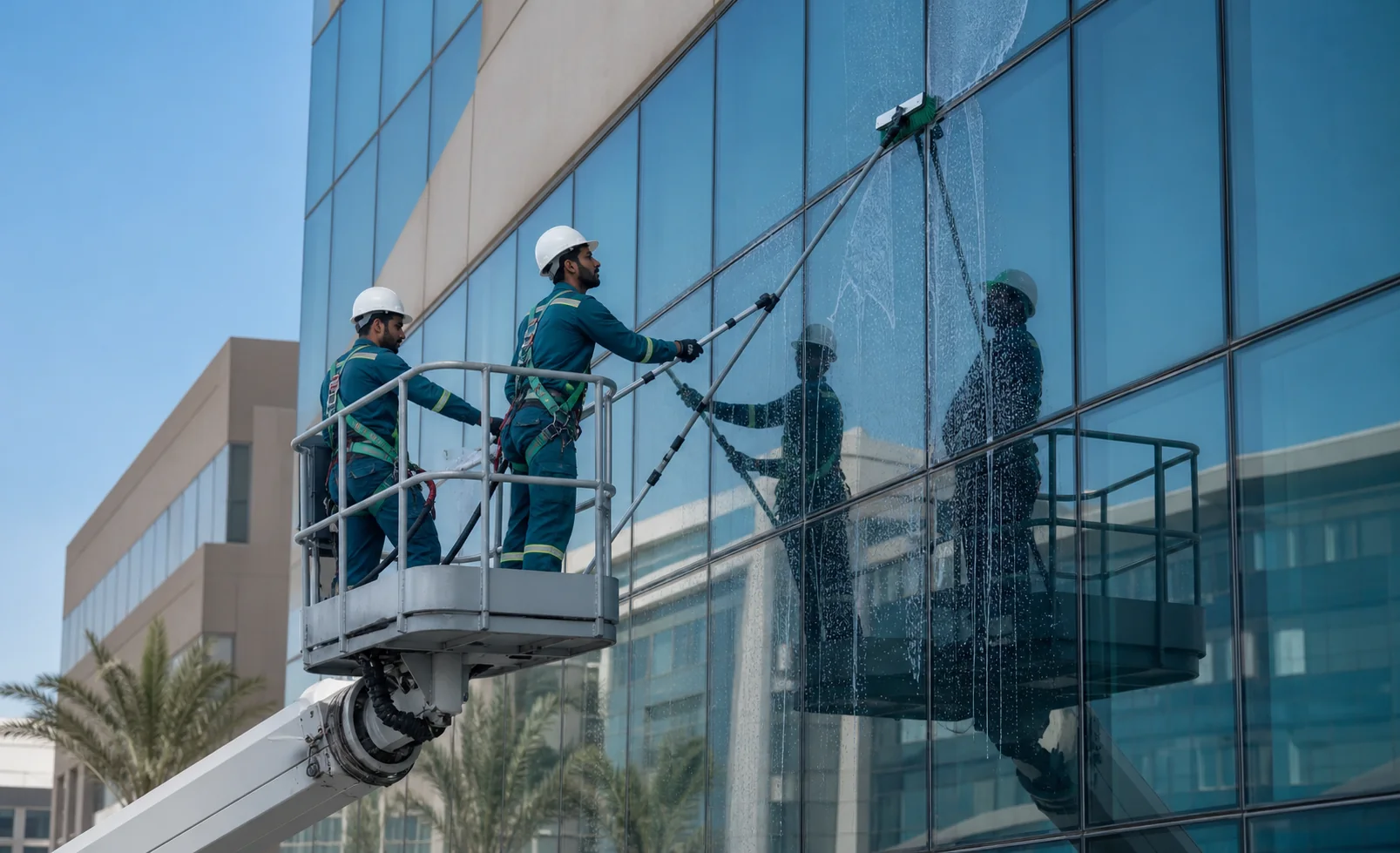 Commercial facade cleaning from a boom lift