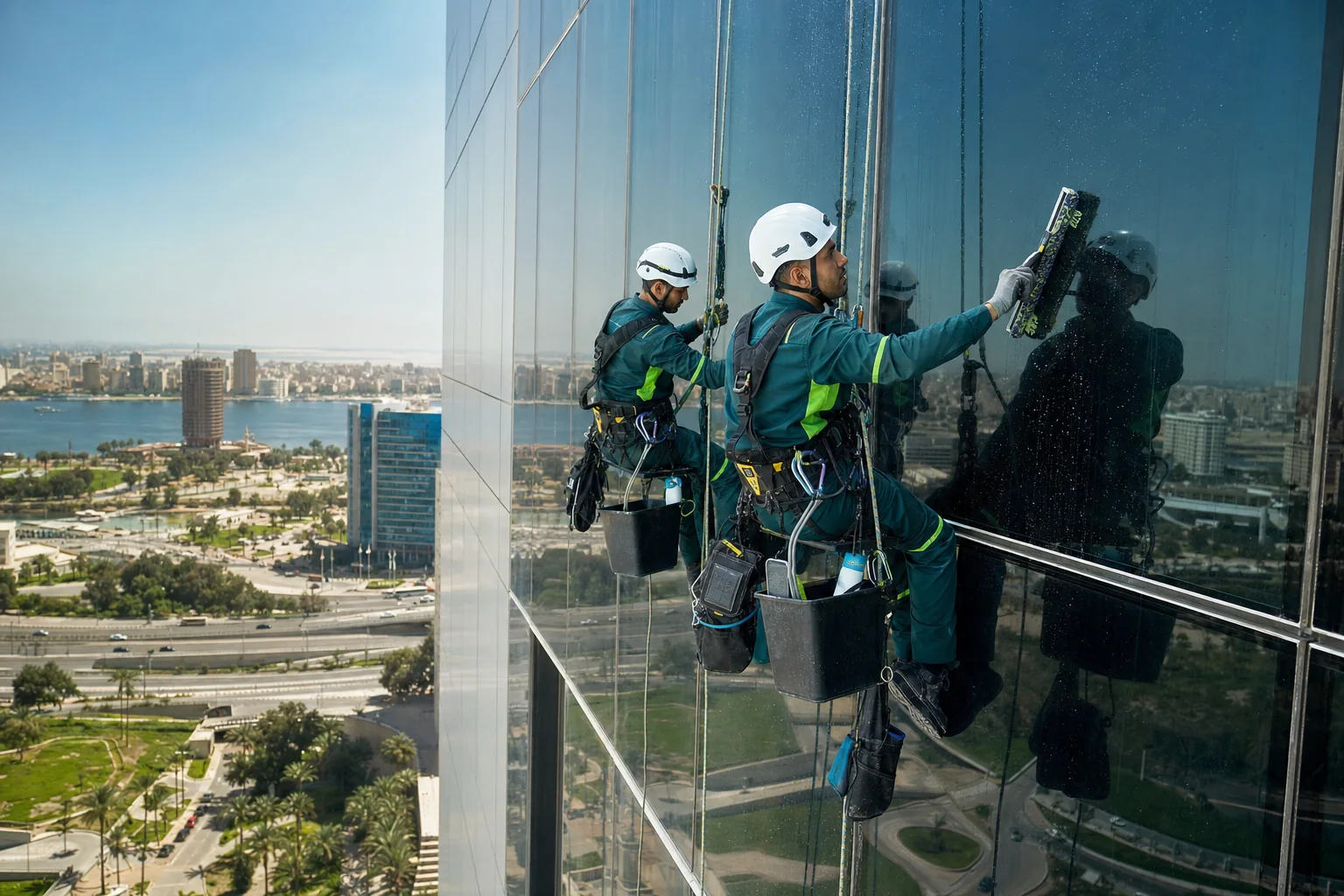 High-rise facade cleaning by rope access